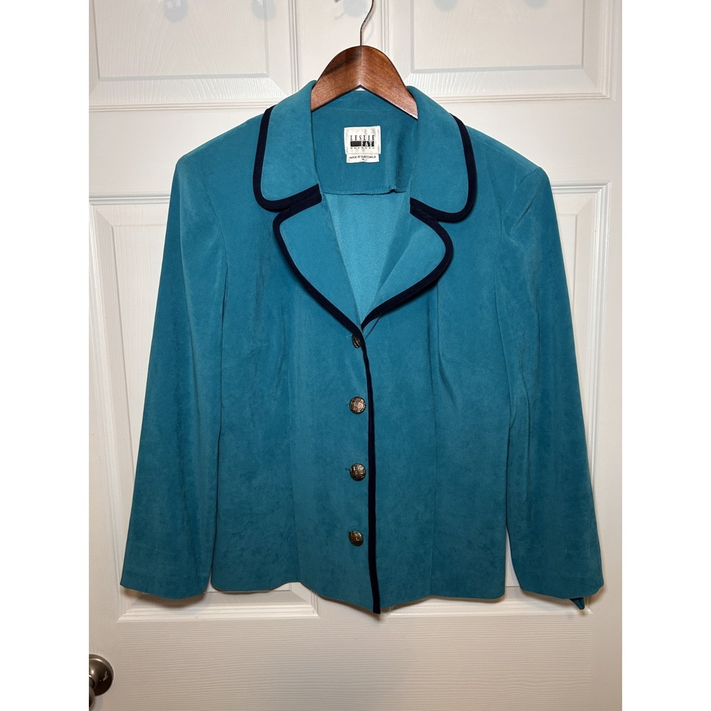 Vintage 90s Office Turquoise Faux Suede Blazer Leslie Fay Size 14 Bold Tailored